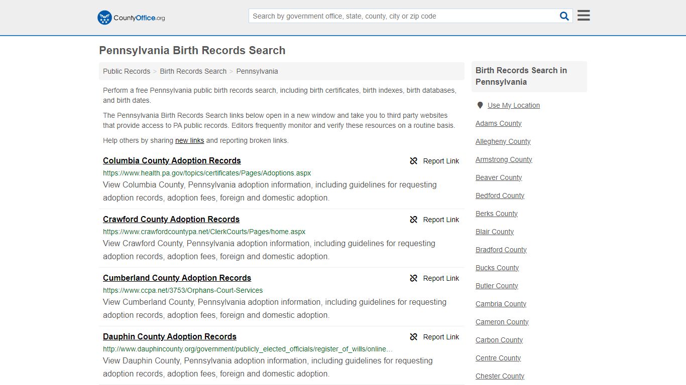 Pennsylvania Birth Records Search - County Office